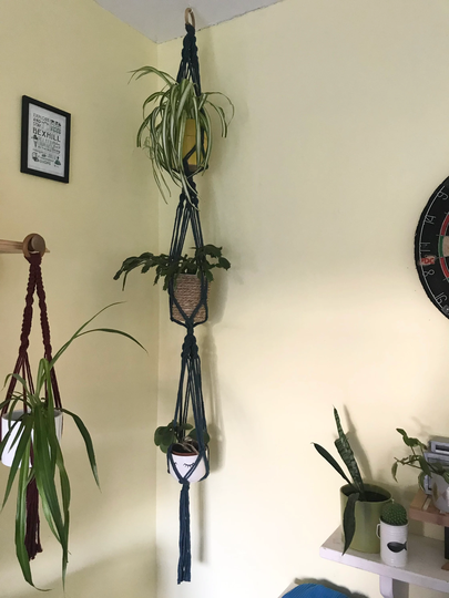 Peacock Blue Triple Plant Hanger, Large Accessories, Boho Decor, Macrame Pot Holder, Planter, Multiple Plants