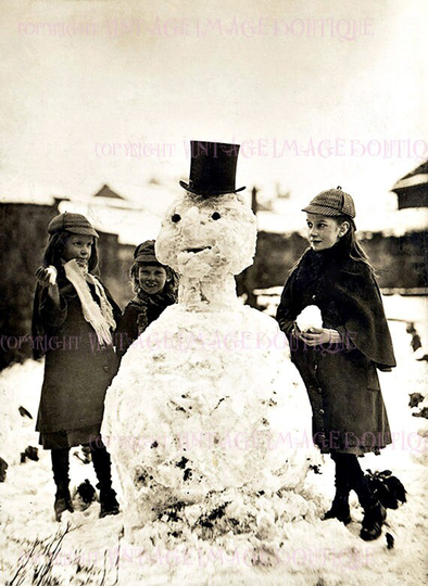 Antique Edwardian Photo Of Three Children With Their Snowman Christmas Season Winter Solstice Holiday 5x7 Greeting Card