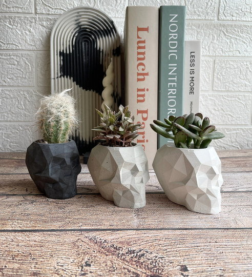 Concrete Geometric Skull Planter|Desk Tidy|Plant Pot|Indoor Planter|Skull Gift|Cactus Holder|Succulent Holder|Gothic Gift|Housewarming Gift