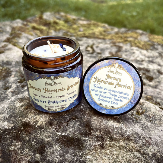 Mercury Retrograde Survival Candle Orange Balm, Bergamot & Sandalwood Scent. Topped With Lapis Lazuli Crystals, Peel Jasmine