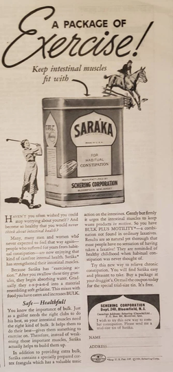 1936 Saraka Intestinal Health Medicine Constipation Intestines Exercise Schering Pharmaceuticals Vintage Print Ad