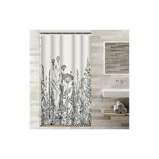 90*180cm Camper Stall Shower Curtain Floral Border Herbs And Wildflowers Botanical Vintage Engraving Black Waterproof Polyester Fabric Set With Hooks