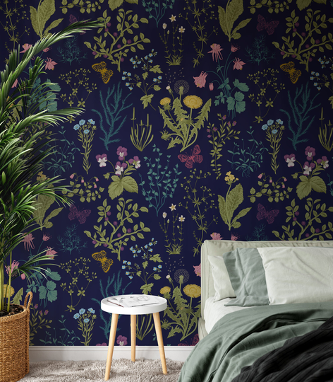 Dark Floral Herbs Wallpaper, Removable Peel & Stick Mural, Self Adhesive Eco Friendly Flower Design, Field Flowers Print, Wall Decal