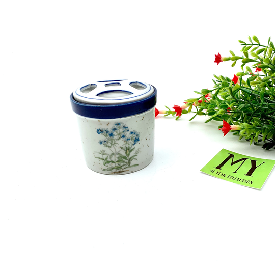 Vintage Counterpoint Made in Japan Blue Gray Speckle Stoneware Planter Flower Pattern Frog Addition My40Yearcollection