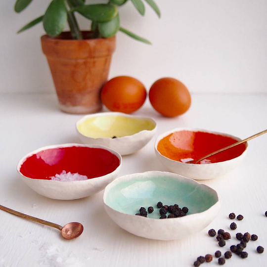 Handmade Mini Rainbow Ceramic Ring / Salt + Pepper Dish, Red/Yellow/Turquoise