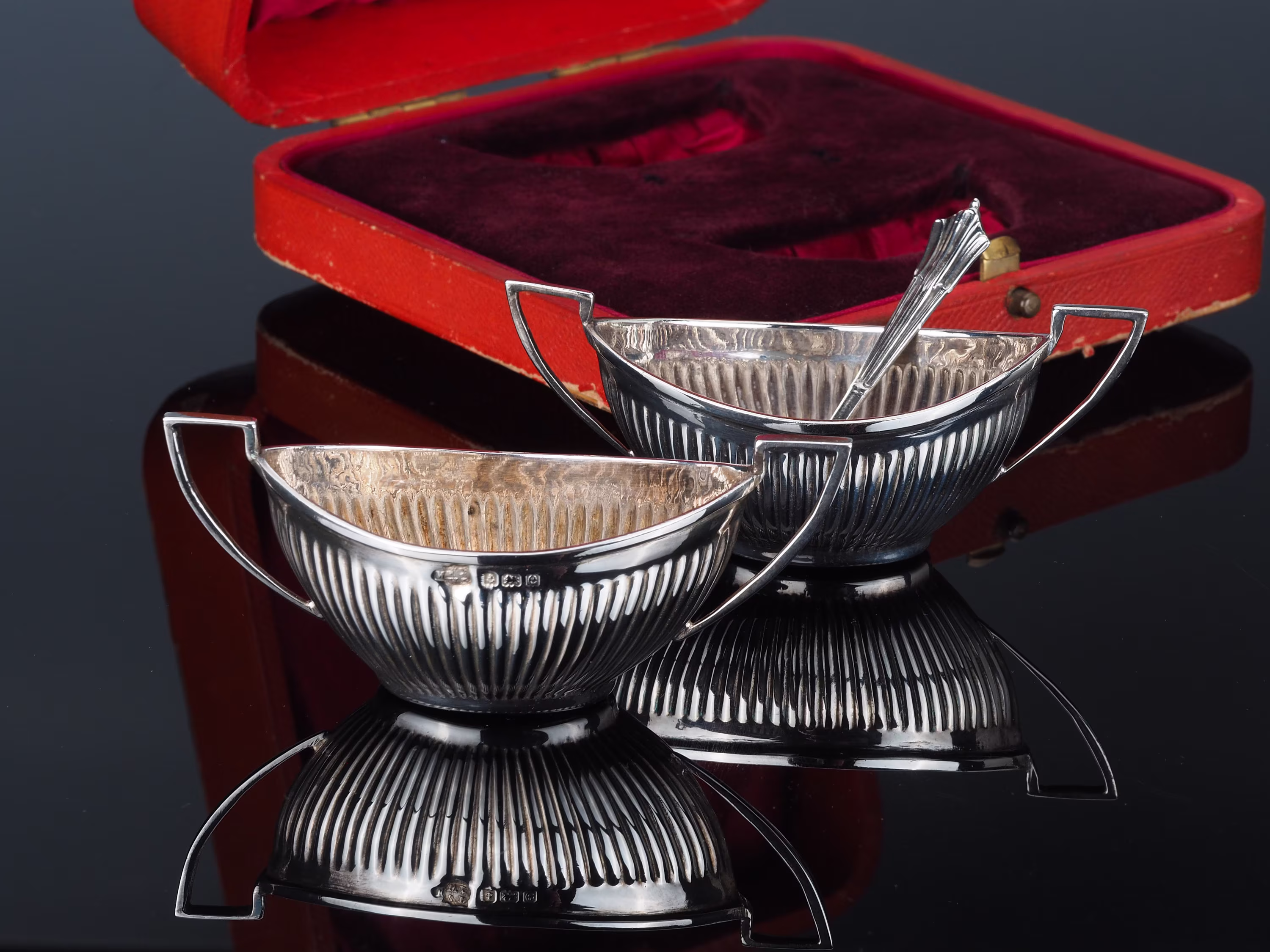 Antique Silver Salts, 1904 Victorian Salt Dishes, Bowls, James Deakin Silver, Boxed Pair Set Of Two & Pepper