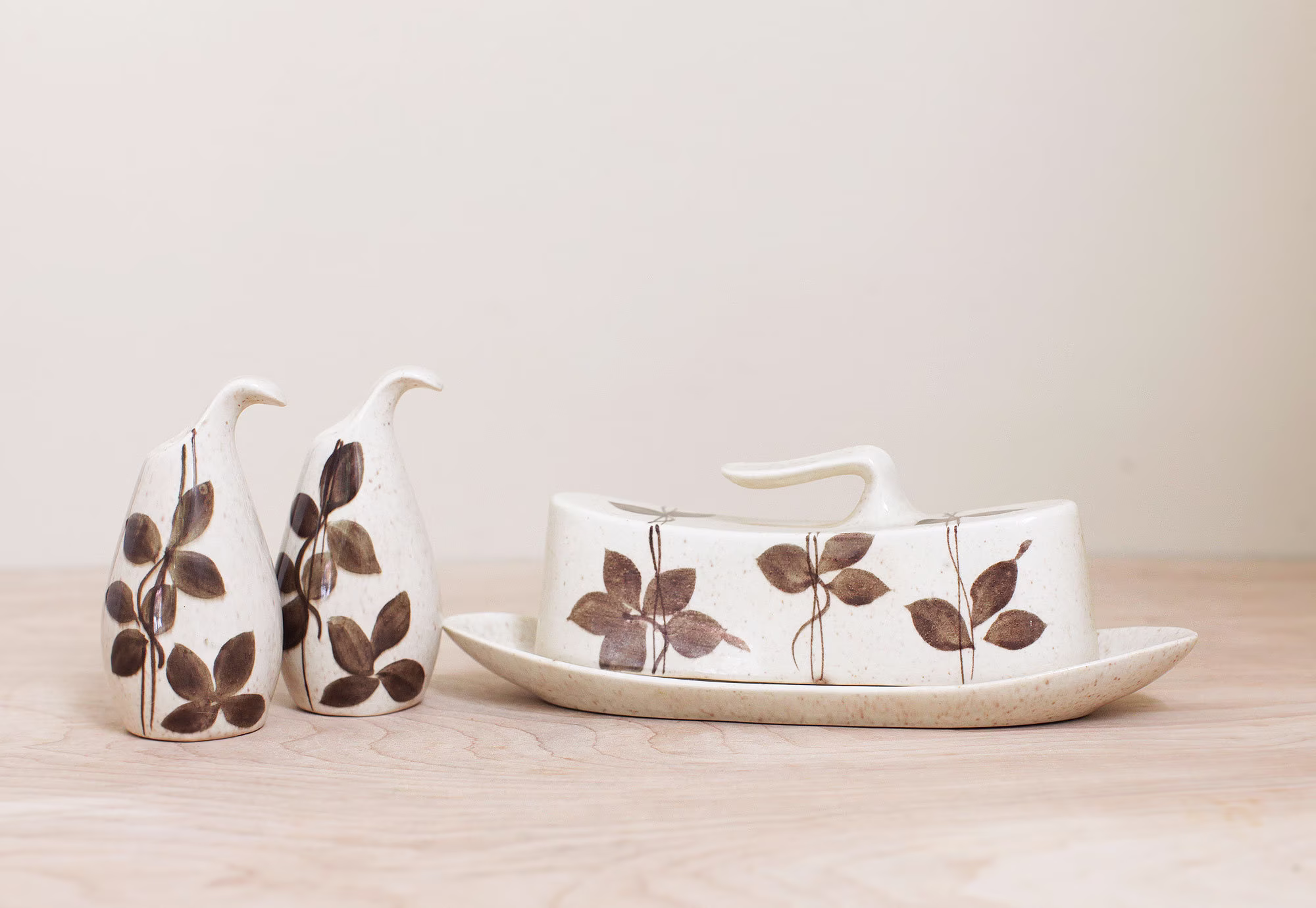 Red Wing Tampico Futura Butter Dish Plus Salt & Pepper/Nice Mid Century Set W Hand Painted Leaves By Charles Muphy/ Lovely 3 Piece