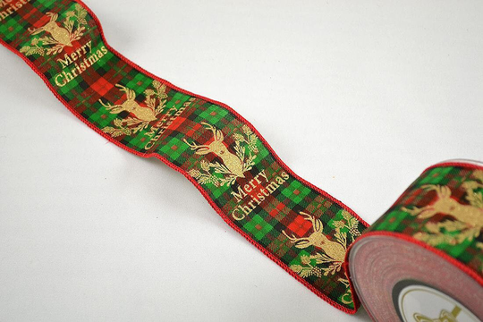 Wired Christmas Ribbon With Gold Glitter Deer Head, Big Wild Animal, Merry Wishes, Checkered Seasonal Holiday Decoration