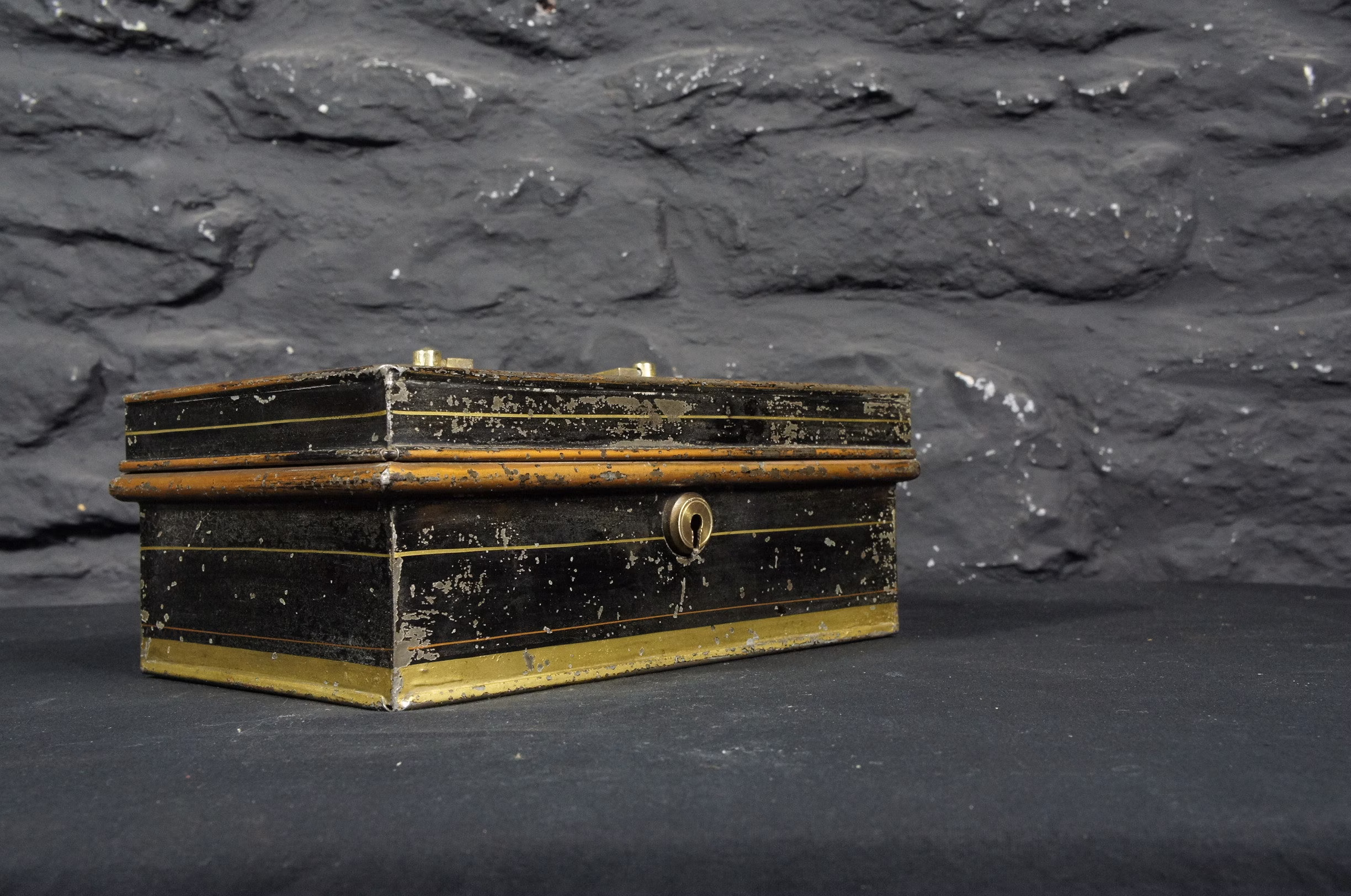 Victorian Cash Tin With Lift Out Tray & Nice Gold & Black Decoration ~ Antique Storage Box First Aid Keepsakes Medicine Letters Money