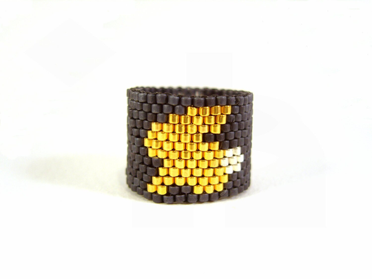 Gold Rabbit Ring Seed Bead Bunny Ring, Black Ring Animal Jewelry UK