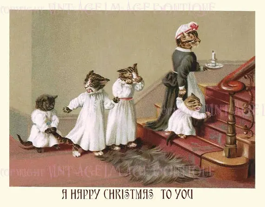 Antique Victorian Illustration A Mother Cat & Her Kittens Christmas Season Winter Solstice Holiday 5x7 Greeting Card