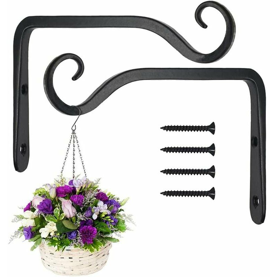 Bearsu - Pack Black Wall Hanging Hooks, Metal Wrought Iron Hanging Basket Brackets, Hanging Basket Holder for Bird Feeders/Plants/Lanterns/Wind