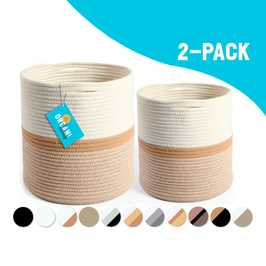 Organihaus 2-Pack Cotton Rope Planter Baskets For Indoor Plants | Storage Crafts, Toys, Towels 12x12 & 10x10 Honey/Striped