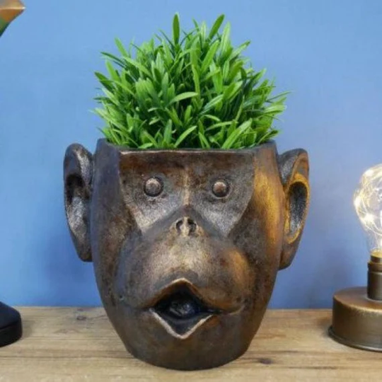 Antique Bronze Finish Fun Monkey Head Planter/ Plant Pot, Artifical Or Real Flowers, Plants, Cacti, Lady. Home Interior Décor
