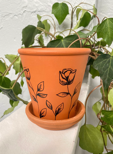 Hand-Painted Floral Terracotta Pot