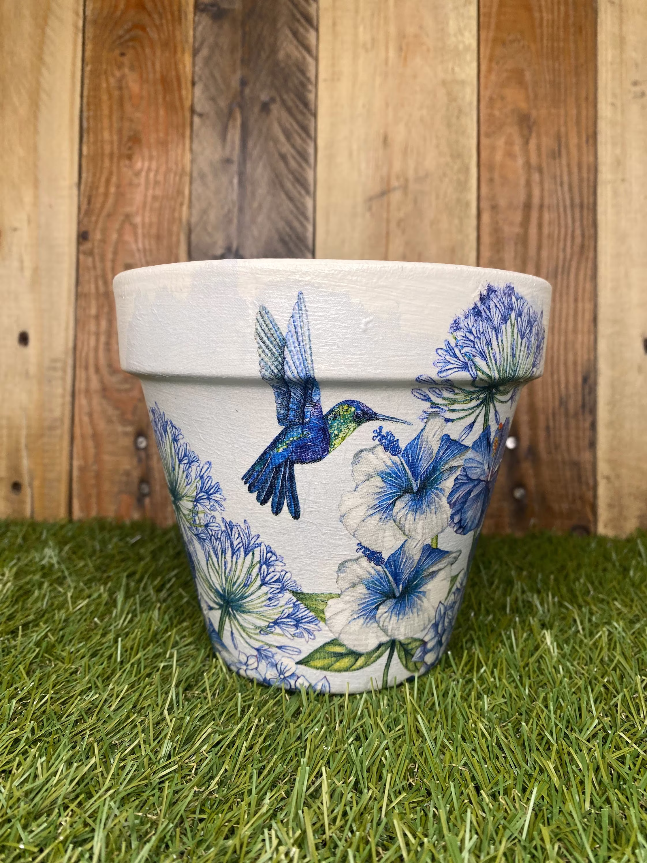 Hummingbird Plant Pot, Decoupaged Hummingbird Gift, Blue Home & Garden Decor, Pretty Planter