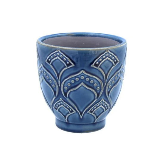 Navy Blue Retro Damask Leaf Pattern Glazed Ceramic Stoneware House Plant Pot Cover, Indoor Succulent Planter