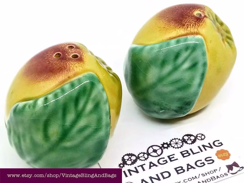 Vintage Fruit Cruet Set, Vintage Apple Salt & Pepper Ceramic Condiments, Set