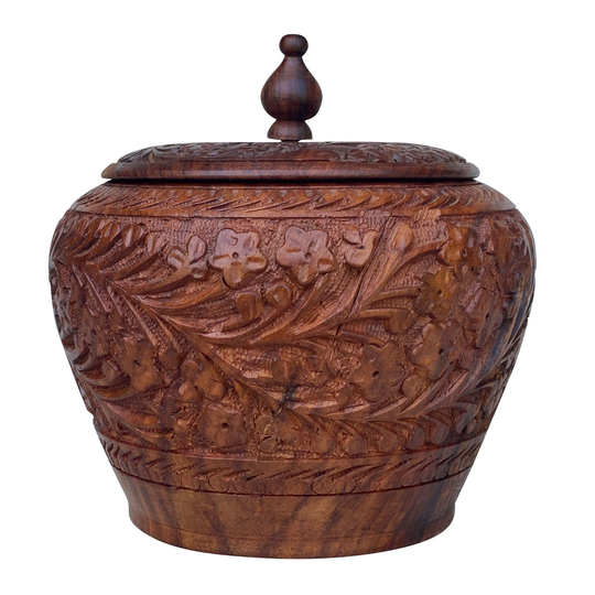 Vintage Middle Eastern Rosewood Carved Floral Motif Spice Tobacco Jar with Lid