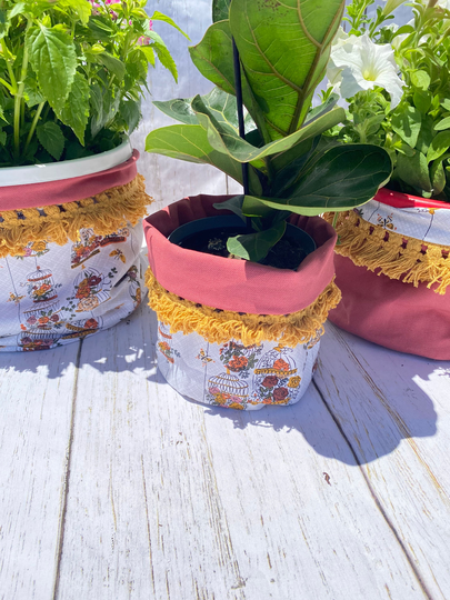 Fabric Planter Cover | Canvas Boho Collapsible Cover| Reversible Fall Flower Pot