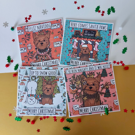 Yorkie Yorkshire Terrier Dog Lover Unique Hand Illustrated Original Handmade Christmas Cards Seasons Greetings Happy Holidays Funny Dog Card