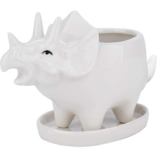 Langray - Succulent Pots with Drainage Tray 7 Inch Glazed White Ceramic Triceratops Pot for Indoor Succulent Planters Home Office Cactus Decor