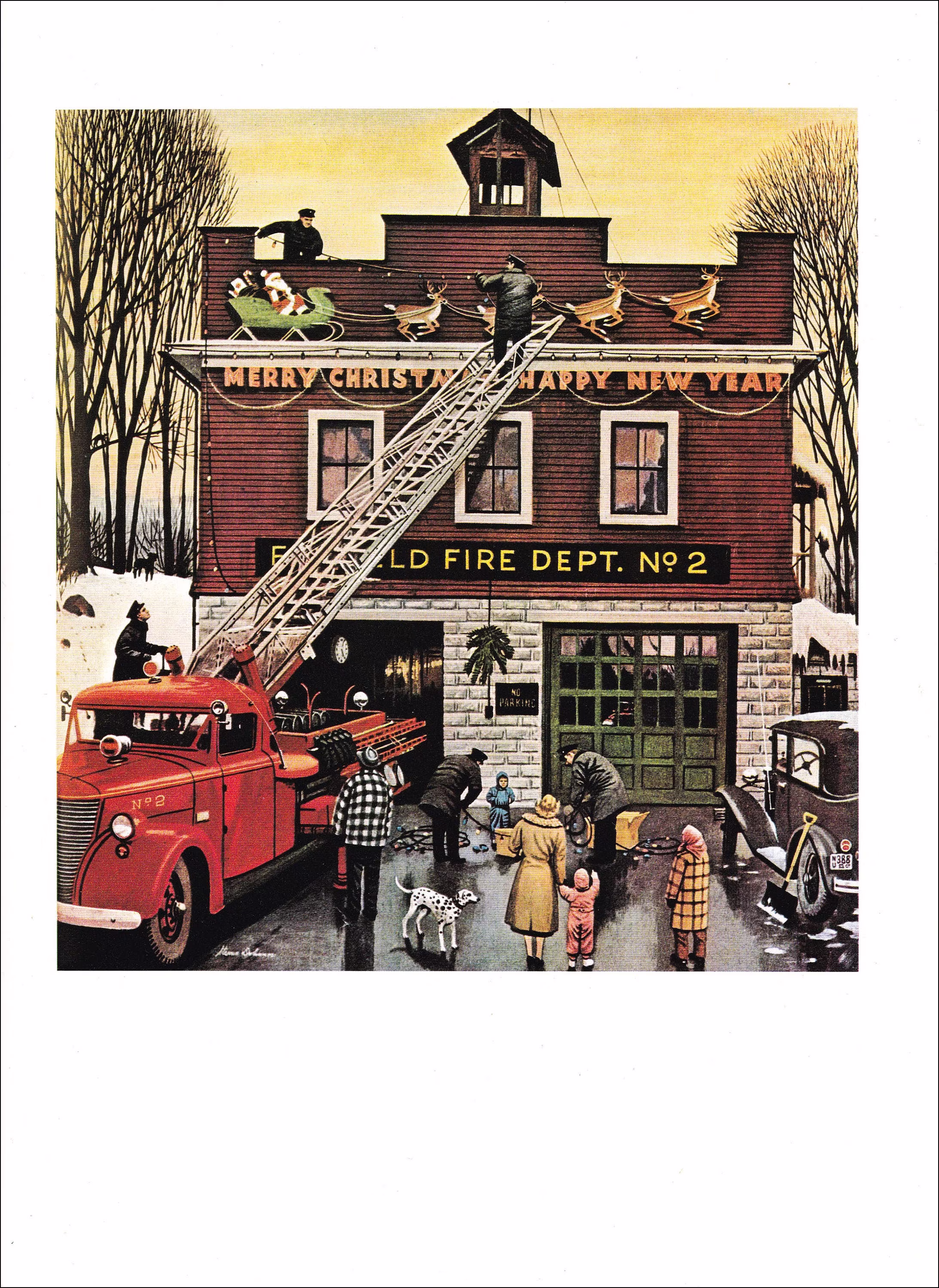 Fire Department Christmas Seasonal Decor Holiday Decoration Vintag Print 50S Illustration Winter Snow Usa Americana Americanart