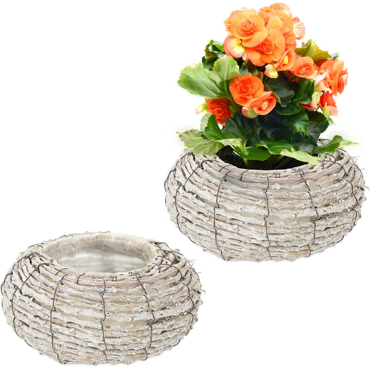 Relaxdays - Set of 2 Plant Pots, Rattan, Flower Baskets with Foil, HxØ: 10x20 cm, Indoors Round Planters, White/Natural