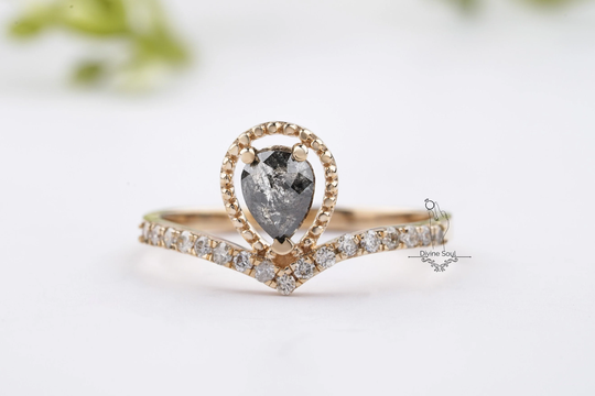 Salt & Pepper Diamond Engagement Ring | Pear Vintage Wedding Unique Promise 14Kt Rose Gold |Galaxy