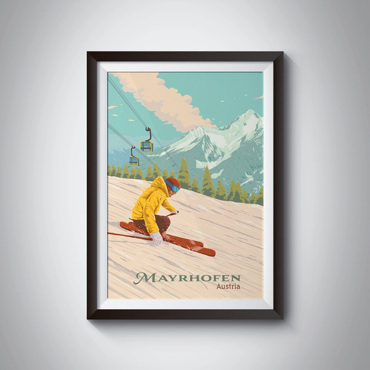 Mayrhofen Ski Resort Poster, Tyrol Austria, Skiing Print, Mountains, Zillertal Valley, Alps, Season, Snowboarding, Apres Ski, Vintage