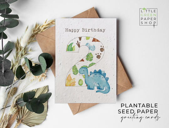Plantable Flower Seed Paper Cards A6 - Birthday Dinosaurs 2 Birthday, Kids, Boys, Friends, Greeting, Gardening, Eco-Friendly, Biodegradable