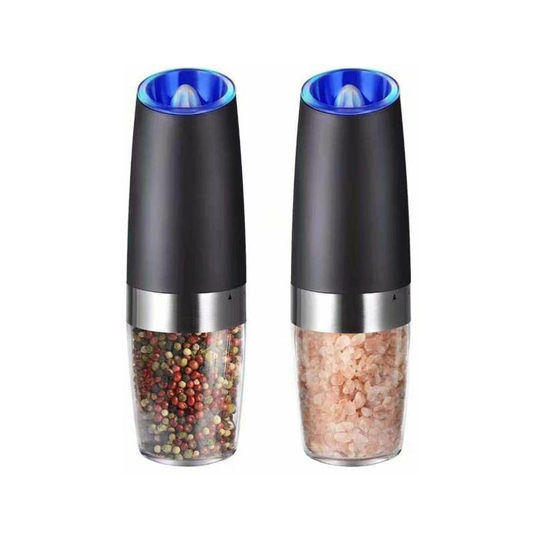Electric Pepper and Salt Grinder Set, Adjustable Coarseness, Battery Powered with led Light, One Hand Automatic Operation, Stainless Steel Black, 2
