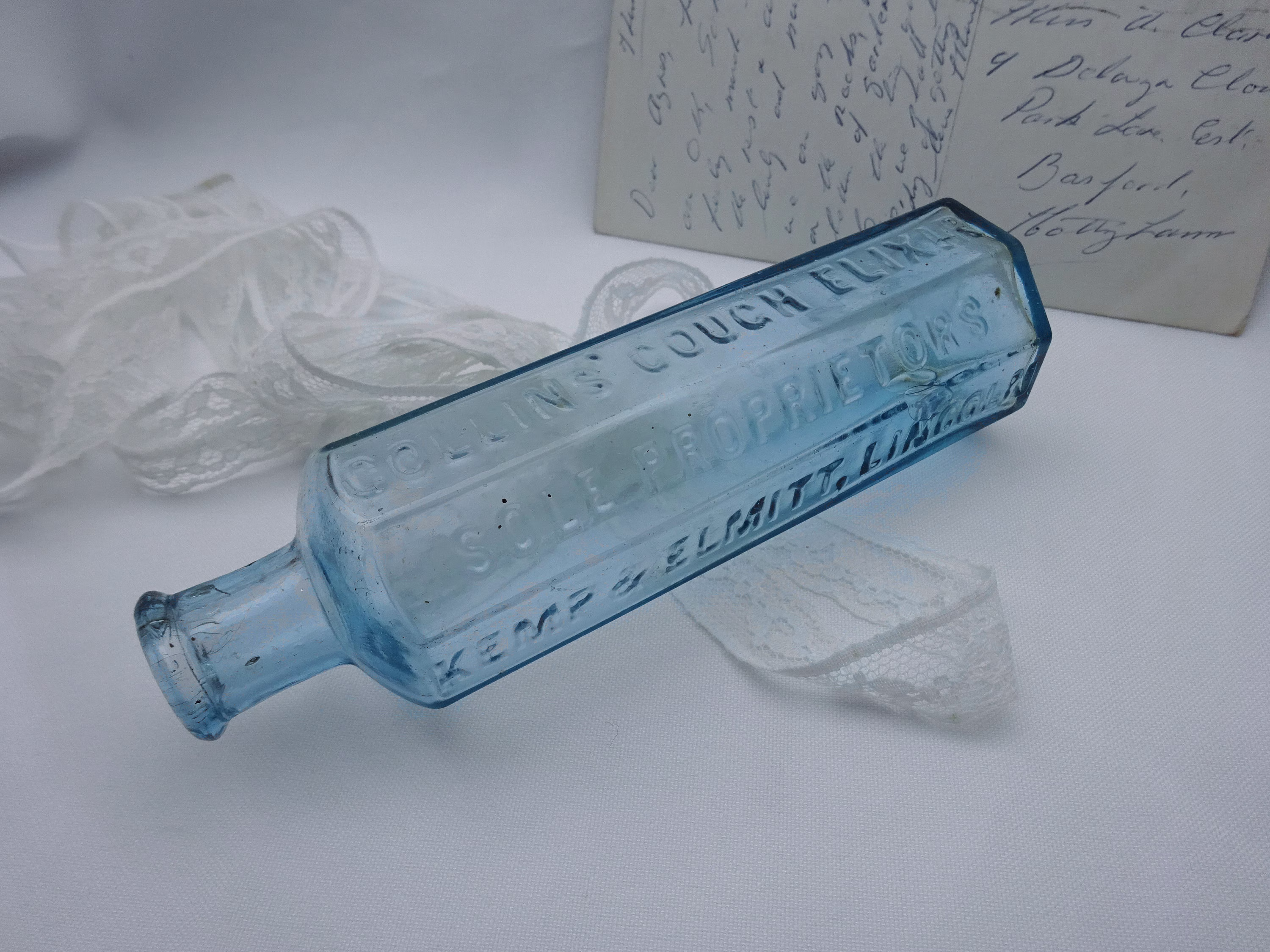 Victorian Octagonal Aqua Medicine Bottle ~ Collins' Cough Elixir, Sole Proprietors Kemp & Elmitt, Lincoln. Antique Chemist Bottle, Pharmacy