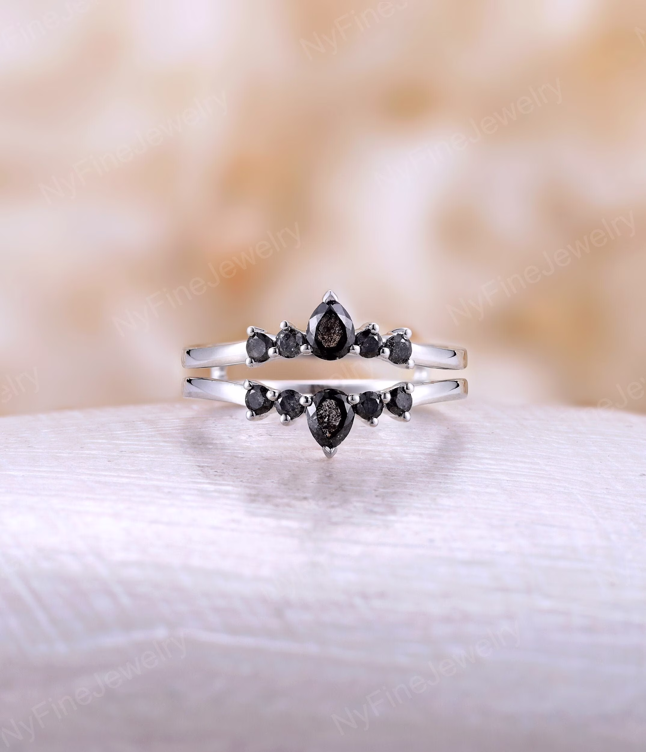Vintage Salt & Pepper Diamond Wedding Band White Gold Ring Enhancer, Unique Matching Ring, Antique Stacking Bridal Anniversary