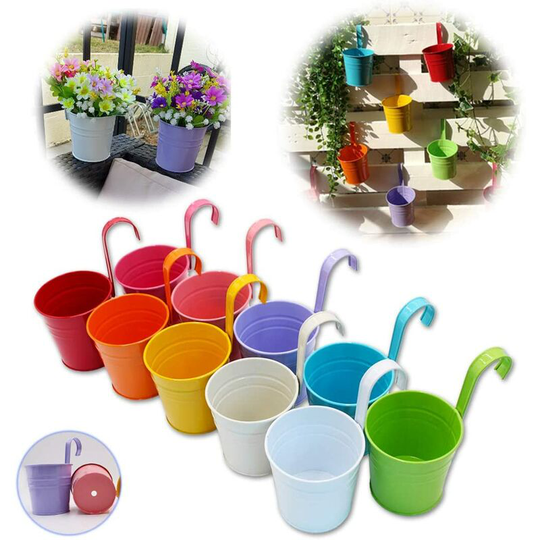 Set of 10 Metal Hanging Flower Pots with Drainage Hole Removable Hook Color Assortment - Langray