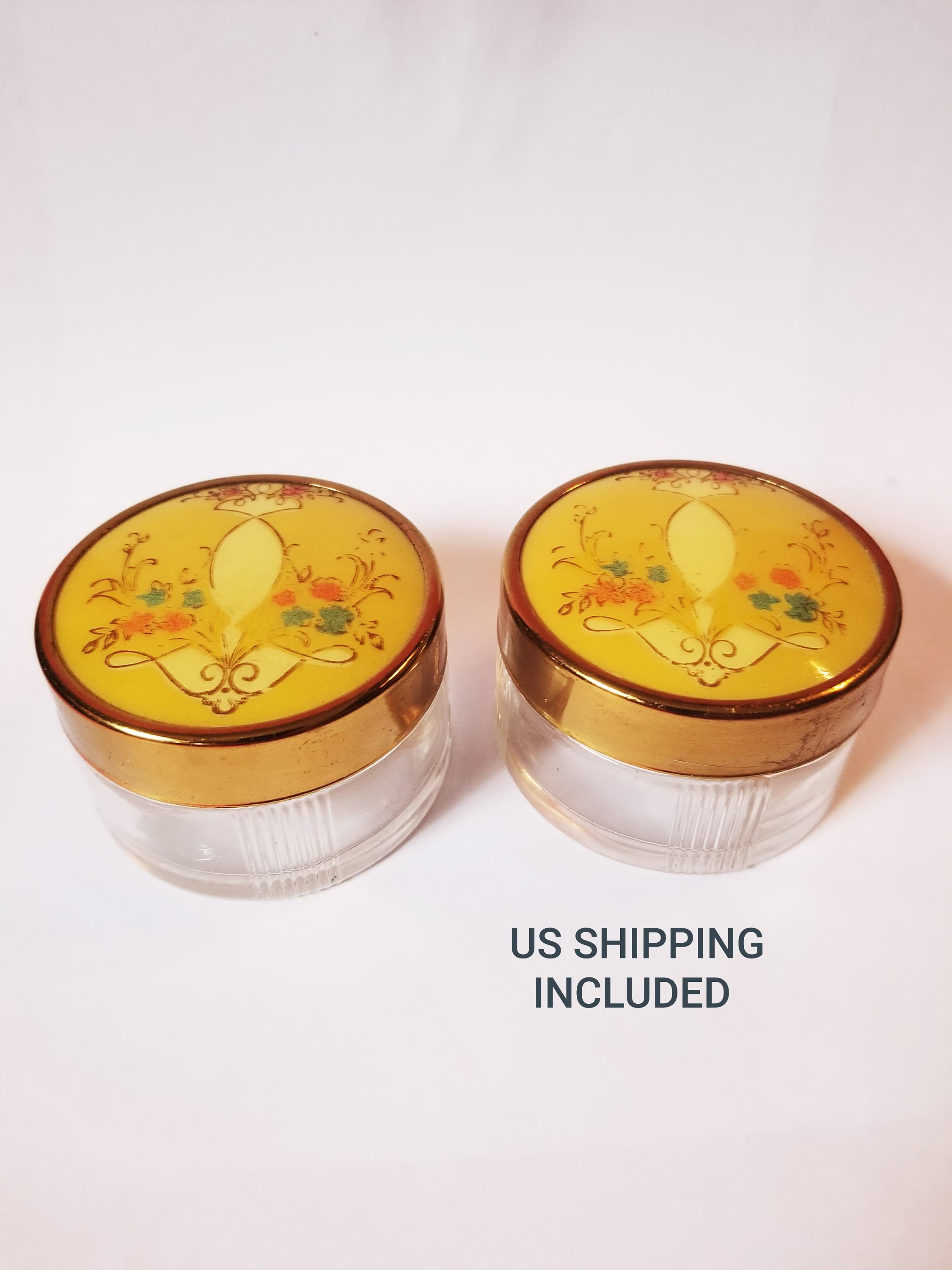 Cosmetics Jars Glass With Ceramic & Metal Top Hand Painted Yellow Floral Vintage Containers Free Shipping