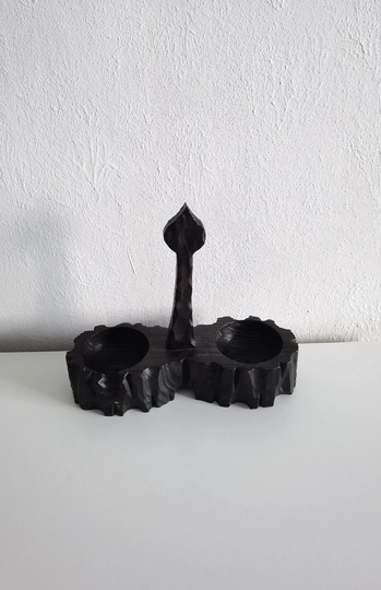 Vintage Spanish Black Carved Wood Candlestick Holder 2 Candle Holder, Open Salt Cellar, Nut, Canddy Bowl - Christmas Gift -Home Decoration