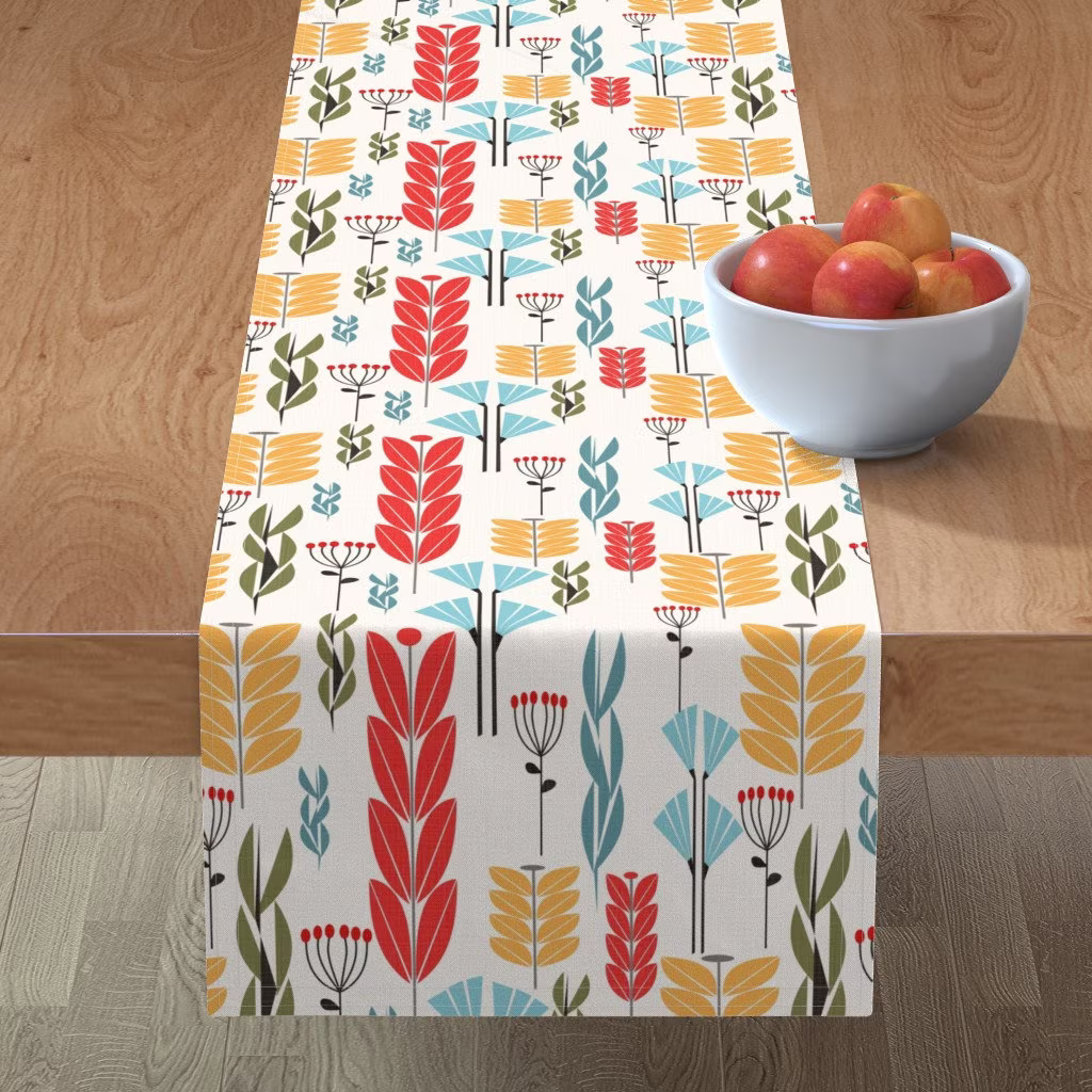 Mid Century Nature Table Runner - Herbs & Grasses By Mirimo_Design Leaves Wallpaper Cotton Sateen Spoonflower