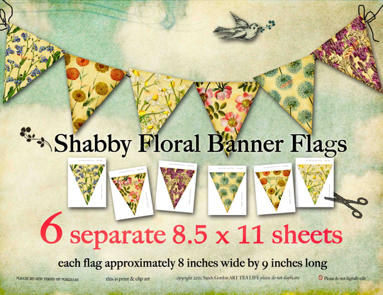 Art Tea Life 8x9 Shabby Floral Banner Flags Digital File Collage Sheet Party Invitation Vintage Decoration Office Herb Botanical Garland