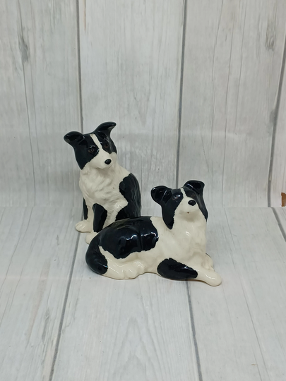 Novelty Cruet Set ~ Black & White Border Collies Collie Salt Pepper Pots Vintage Kitchenalia