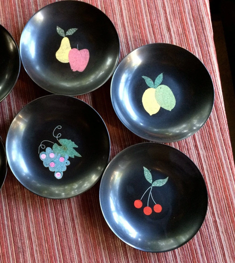Couroc Of Monterey Bowls, Hand Inlaid California Bowl, Collectible Bowl Set, Shallow Black Mid Century Fruit
