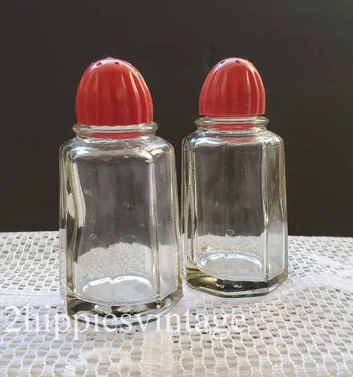 Vintage Clear Salt & Pepper Octagonal Paneled Red Bakelite Lids