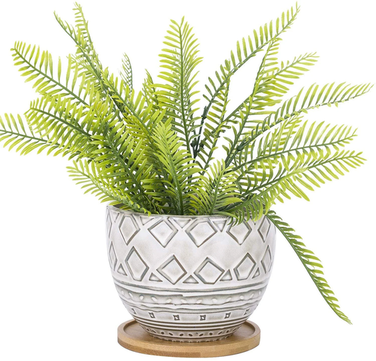 Ceramic Planter, Geometry Engrave Off White Brown Succulent Planter Flower Pot 5.5 Inch Large Round Bohemian