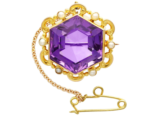 Antique 12.50 Carat Amethyst & Seed Pearl 15K Yellow Gold Brooch Circa 1890