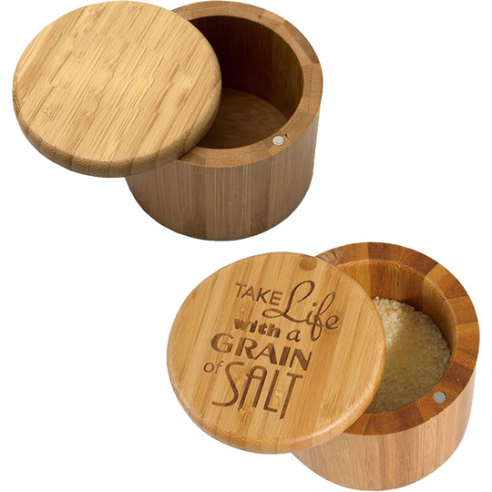 Bamboo Salt Box, Salt Container With Lid, Salt Shaker, Bowl with Magnetic Swivel Lid (2 pcs) Seasoning Jar + Life