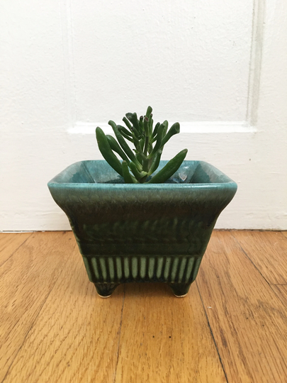 Vintage Hull Usa A2 Planter-Teal Green Turquoise Drip Glaze -Usa Art Pottery - Mid Century Square Ceramic Planter Footed Succulent