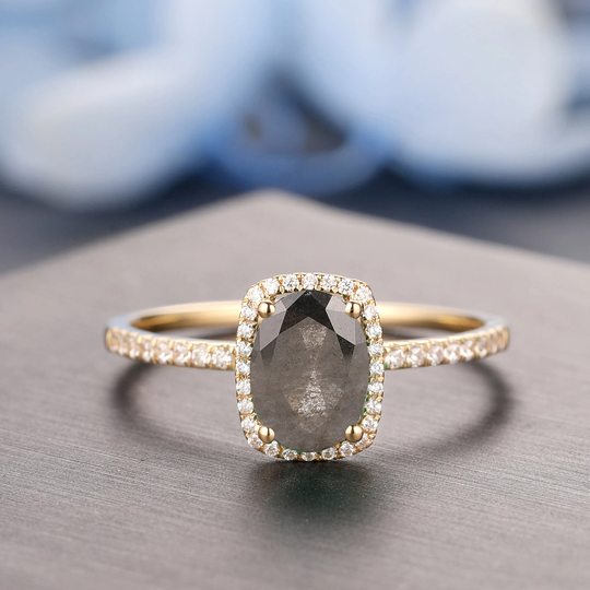 Halo Diamond Ring, Solid Gold 5x7mm Oval Salt & Pepper Wedding Engagement Black Promise Vintage Proposal Ring