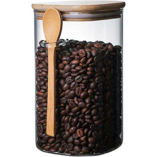 Einemgeld - Glass Jar with Bamboo Lid and Spoon, Airtight Clear Square Glass Canister Jar for Kitchen Storage, for Sugar, Seeds, Salt, Pepper,