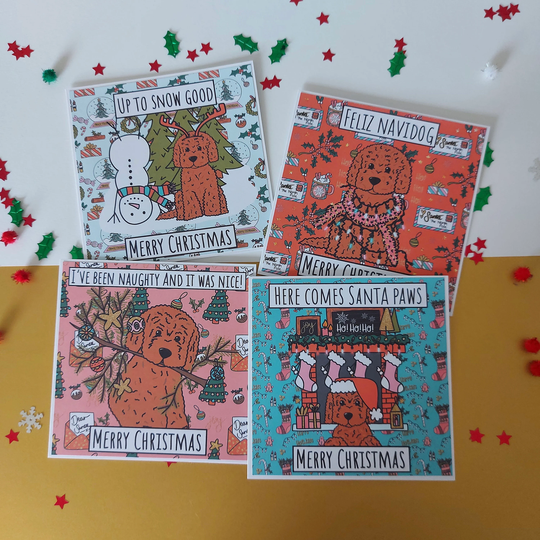 Labradoodle Cockapoo Dog Lover Unique Hand Illustrated Original Handmade Christmas Cards Seasons Greetings Happy Holidays Funny Dog Card