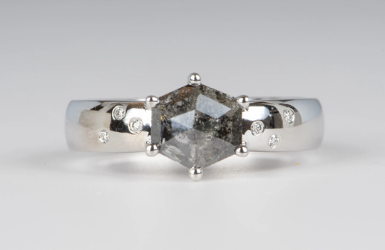 Hexagon Shaped Salt & Pepper Diamond 14K White Gold Engagement Ring Ooak Flush Full Cut Band Alternative Bride Unique R6033